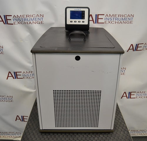 Front view of VWR model 89203-010 heated and refrigerated circulating bath displaying front ventilation grille, bath lid with handle, and top digital controller