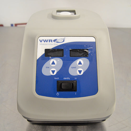 Front product view of a VWR advanced heavy-duty vortex mixer, featuring the digital control panel with time and speed adjustment buttons, digital display screens, power switch, and vortex cup head