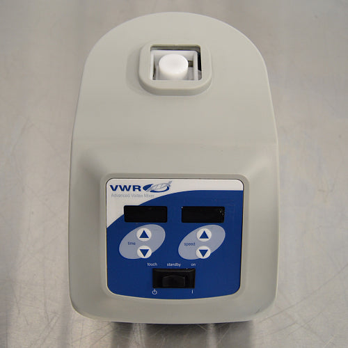 Overhead angle product view of a VWR advanced heavy-duty vortex mixer, showcasing the top-mounted mixing cup head, grey housing, and front digital control interface panel