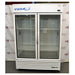 Front eye-level view of a VWR double door chromatography refrigerator with glass doors, white exterior housing, blue branding logo, internal wire shelving, and a bottom louvered grill panel