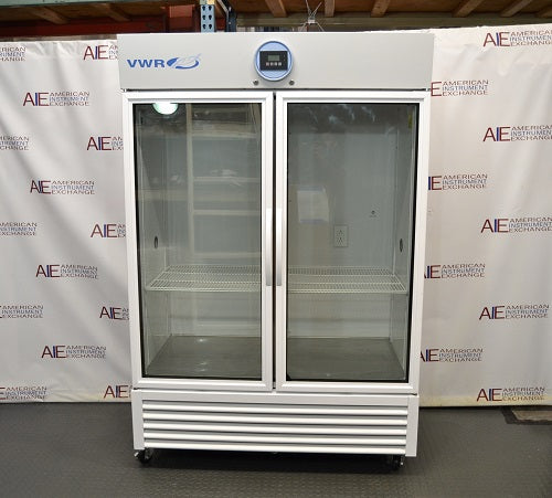 Front eye-level view of a VWR double glass door chromatography refrigerator featuring twin clear-view glass doors, a top-mounted control panel, and internal wire shelving