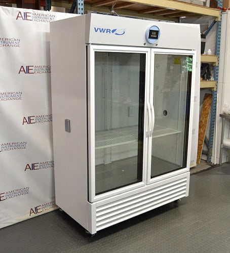 Left angled perspective view of a VWR double glass door chromatography refrigerator highlighting its left side panel, glass doors, and front caster assembly
