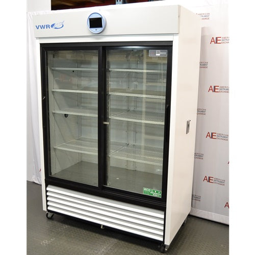 Front angled perspective view of a VWR HCCP-47-TS Performance Series chromatography refrigerator, highlighting its dual sliding glass doors, internal wire shelving, top controller console, and side cabinet panel