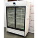Front angled perspective view of a VWR HCCP-47-TS Performance Series chromatography refrigerator, highlighting its dual sliding glass doors, internal wire shelving, top controller console, and side cabinet panel
