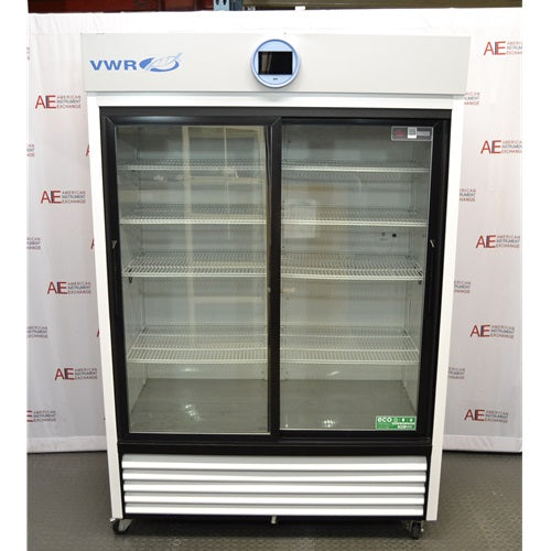 Front eye-level view of a VWR HCCP-47-TS Performance Series chromatography refrigerator, showcasing its double sliding glass doors, interior wire shelving, top-mounted digital display console, and bottom louvered kickplate grill