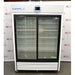 Front eye-level view of a VWR HCCP-47-TS Performance Series chromatography refrigerator, showcasing its double sliding glass doors, interior wire shelving, top-mounted digital display console, and bottom louvered kickplate grill