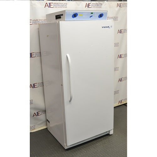 Angled perspective view of white VWR low-temperature BOD refrigerated incubator displaying main door, side paneling, and top-mounted control panel