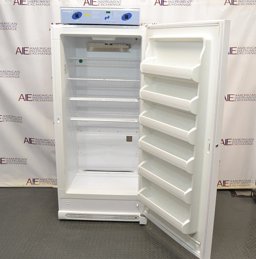 VWR low-temperature BOD refrigerated incubator with door open revealing wire shelving racks, interior light, and door storage bins