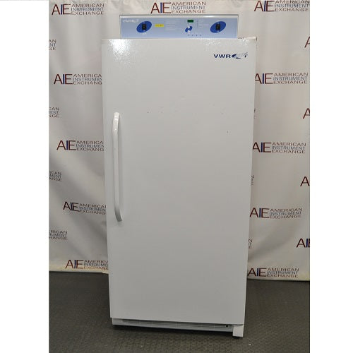 Front view of a white VWR low-temperature BOD refrigerated incubator featuring a top control panel with digital display and full-length outer door