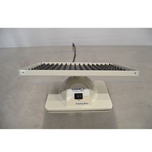 Front view of a VWR Nutating Mixer featuring a white base with power switch and a flat platform lined with a black dimpled rubber mat