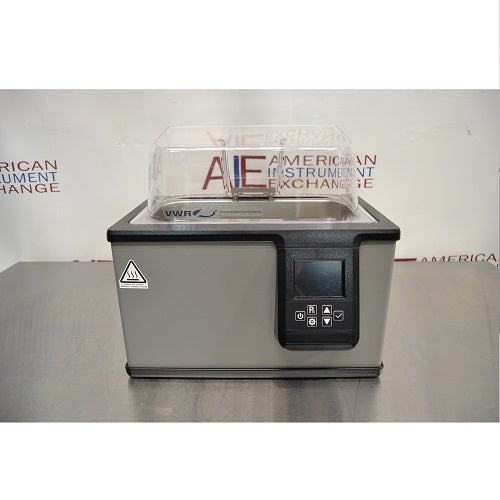 Straight front eye-level view of VWR PolyScience WBE05 digital water bath with clear gabled lid and digital control display