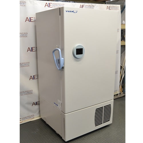 Left angled perspective view of VWR Ultralow Freezer VWR60086FA featuring door latch handle, side paneling, circular touchscreen display, and lower ventilation grill