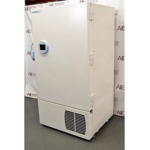 Right angled perspective view of VWR Ultralow Freezer VWR60086FA showing door hinges, side casing, circular touchscreen control, and lower ventilation grill