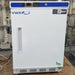 Front product view of a VWR HCUCBI0404 undercounter laboratory refrigerator, featuring a white solid door with vertical handle, blue and black control panel console at the top with digital display, keyed lock, and lower ventilation grille on a wooden surface