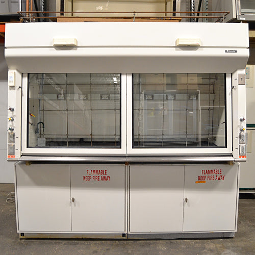 A white Fisher Hamilton 8' Chemical Fume Hood with flammable storage base cabinets, featuring a split vertical-rising sash, a work surface, and various fixtures such as monkey bars and external outlets.