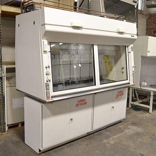 A white Fisher Hamilton 8' Chemical Fume Hood with flammable storage base cabinets, featuring a split vertical-rising sash, a work surface, and various fixtures such as monkey bars and external outlets.