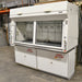 A white Fisher Hamilton 8' Chemical Fume Hood with flammable storage base cabinets, featuring a split vertical-rising sash, a work surface, and various fixtures such as monkey bars and external outlets.