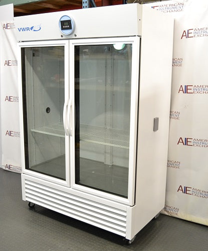 Angled perspective view of a VWR double glass door chromatography refrigerator showcasing its right-side panel, glass doors, and caster-mounted base