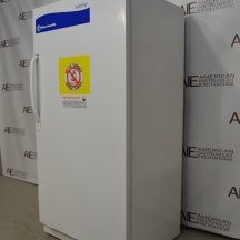 Angled view of Fisher Scientific Isotemp Value laboratory refrigerator with warning label