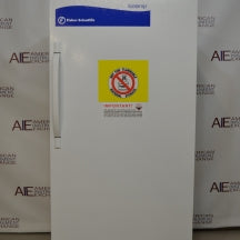 Front view of Fisher Scientific Isotemp Value laboratory refrigerator with warning label