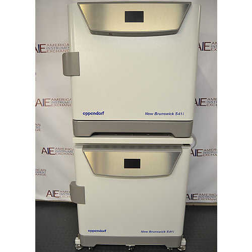Front product view of a stacked dual Eppendorf New Brunswick S41i CO2 incubator system with integrated shakers, showcasing two identical units mounted on a wheeled base frame in a laboratory setting