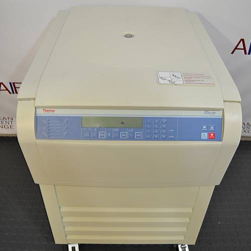 Front eye-level view of a Thermo Scientific Sorvall Legend XFR floor-standing refrigerated centrifuge, showcasing its beige housing, closed lid, louvered lower base, and front digital control panel
