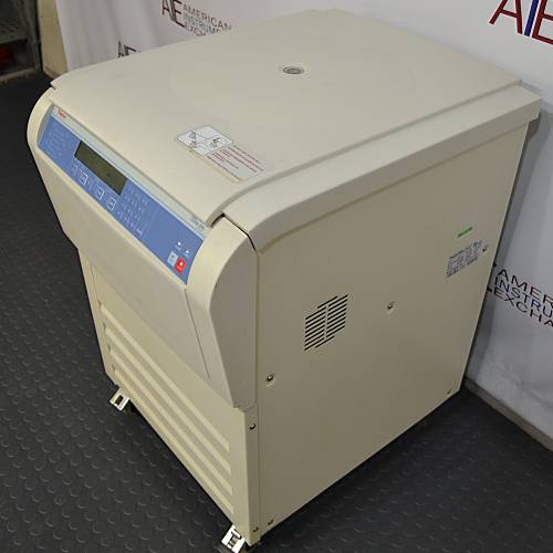 Right angled perspective view of a Thermo Scientific Sorvall Legend XFR floor-standing refrigerated centrifuge on casters, featuring its beige housing, closed lid, side cooling vent, and front control panel