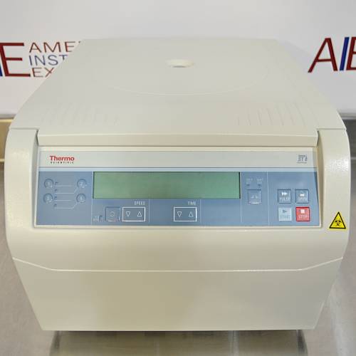 Front eye-level view of a Thermo Scientific Sorvall ST8 benchtop centrifuge, featuring a light grey housing, a closed lid, and a digital control panel with a central screen and tactile operation buttons